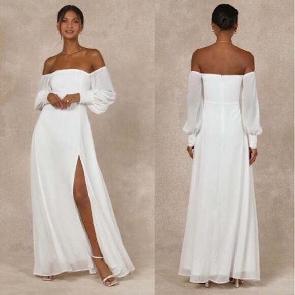 NWT Lulus Large Feel The Romance Off The Shoulder Maxi Dress White Beach Wedding - Picture 1 of 16